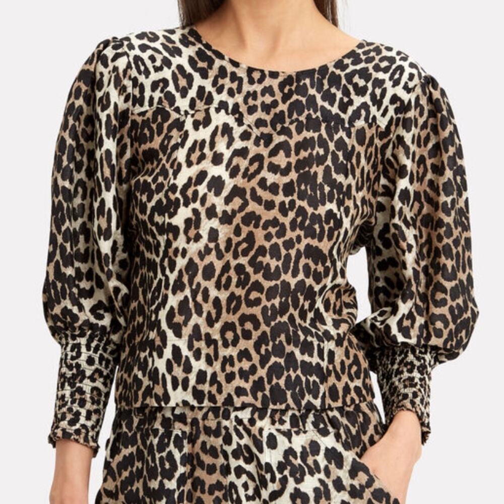 GANNI Cedar Leopard Print Puff Sleeve Top Sz 42